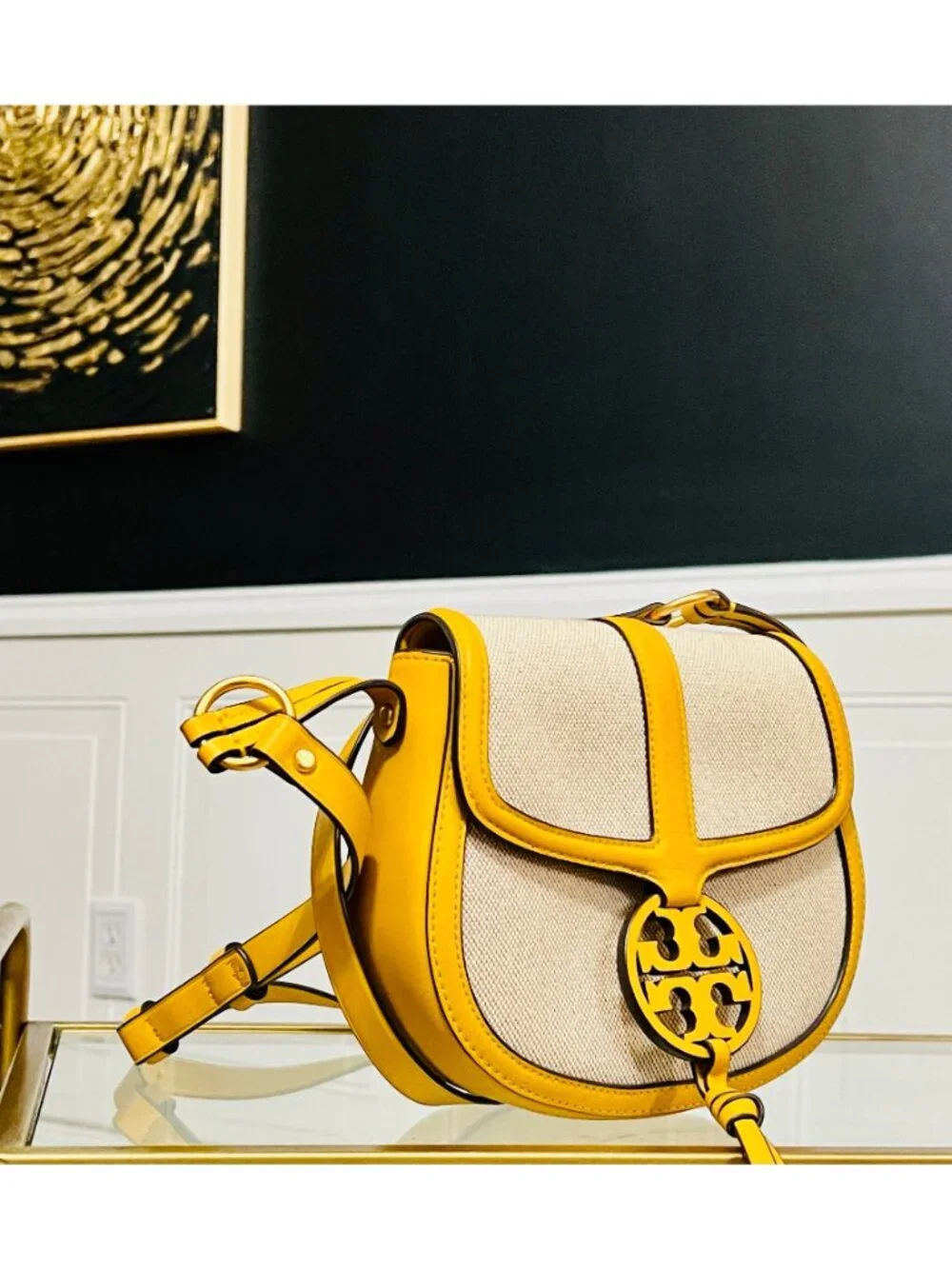 Tory Burch Miller Canvas & Leather Saddle Bag Yellow/Natural Crossb